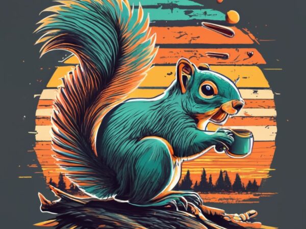 Create a t-shirt design vintage retro sunset distressed black style design, squirrel closeup png file