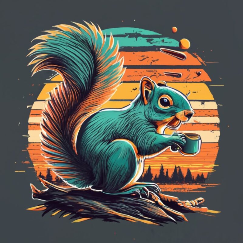 Create a t-shirt design Vintage retro sunset distressed black style design, squirrel closeup PNG File