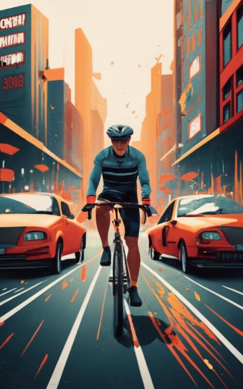 T-shirt design featuring a cyclist on a bustling street, navigating through hazardous situations. Emphasize the scene’s dynamics and challen