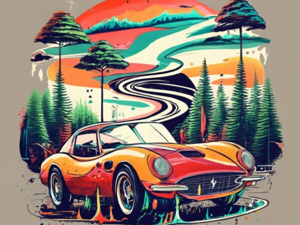 T-shirt design featuring a ferrari the design should capture the essence of the forest, with a vanishing point perspective and a tree backgr