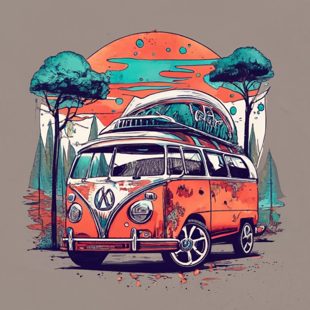 t-shirt design featuring a beautiful Volkswagen, forest, a tree ...