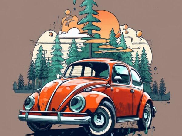 T-shirt design featuring a beautiful volkswagen, forest, a tree background. infuse elements of anime for a unique twist. png file