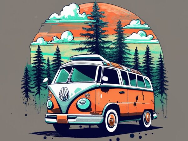 T-shirt design featuring a beautiful volkswagen, forest, a tree background. infuse elements of anime for a unique twist. png file