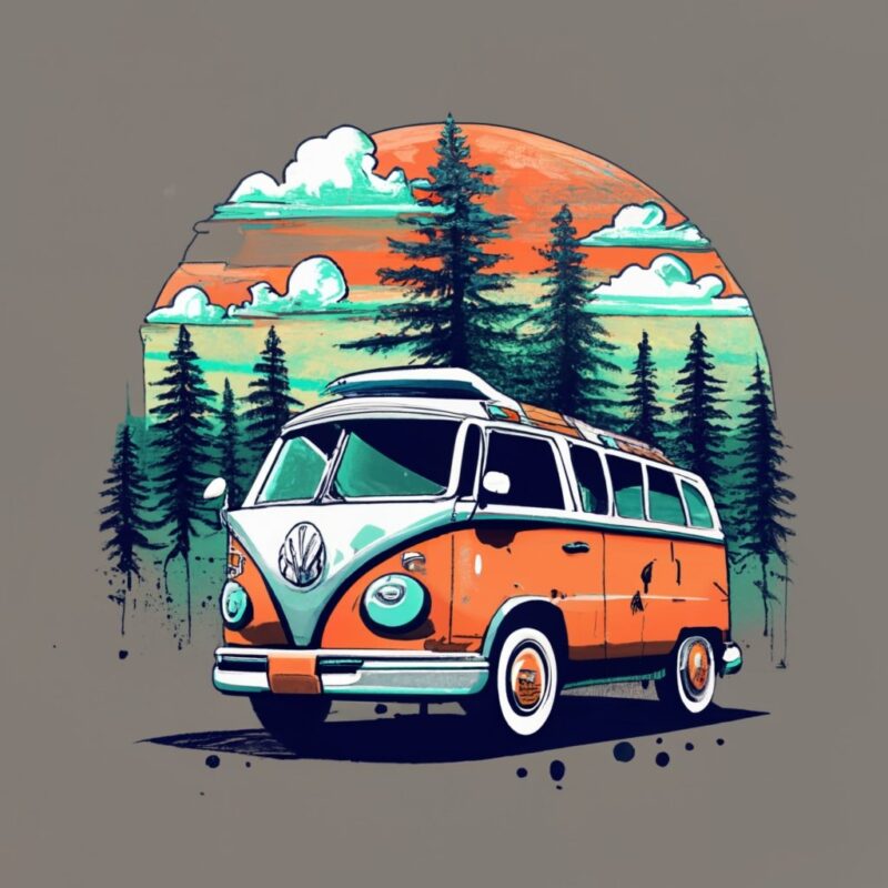 t-shirt design featuring a beautiful Volkswagen, forest, a tree background. Infuse elements of anime for a unique twist. PNG File