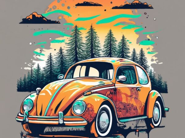 T-shirt design featuring a beautiful volkswagen, forest, a tree background. infuse elements of anime for a unique twist. png file