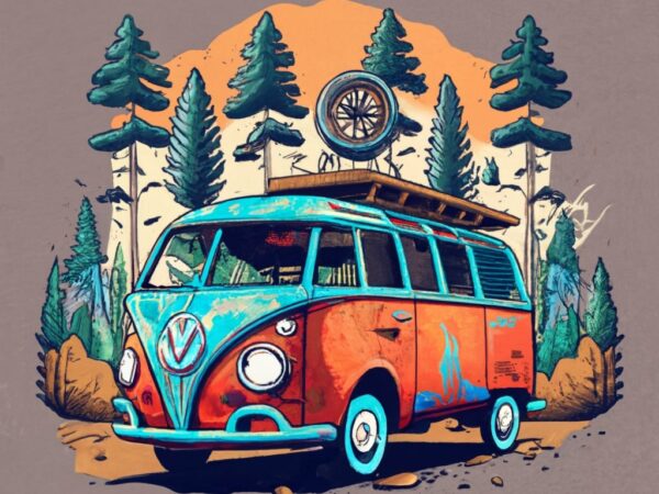 T-shirt design featuring a beautiful volkswagen van the design should capture the essence of the forest, with a vanishing point perspective