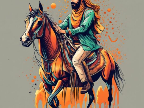 T-shirt design featuring a beautiful arabic men with horse, forest, a tree background. infuse elements of anime for a unique twist. png file