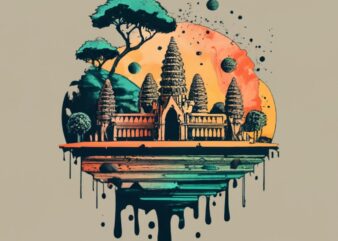 t-shirt design featuring a beautiful concept Angkor wat temple , forest, a tree background. Infuse elements of anime for a unique twist. PNG