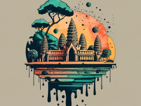 T-shirt design featuring a beautiful concept angkor wat temple , forest, a tree background. infuse elements of anime for a unique twist. png