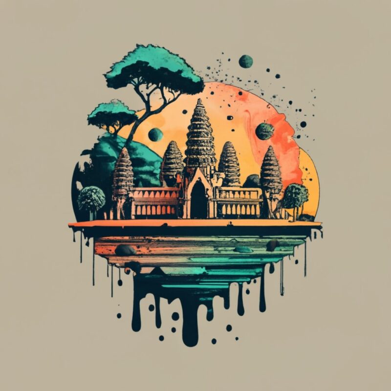 t-shirt design featuring a beautiful concept Angkor wat temple , forest, a tree background. Infuse elements of anime for a unique twist. PNG