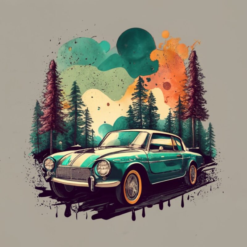 t-shirt design featuring a beautiful concept car The design should capture the essence of the forest, with a vanishing point perspective and