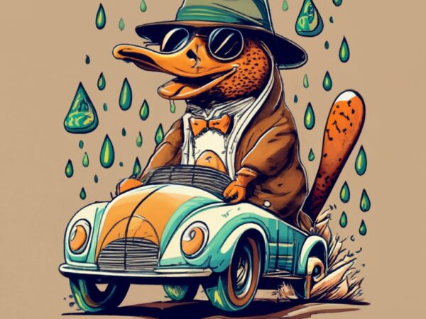 T-shirt design featuring a platypus wearing a fedora while driving a ferrari, a rainy forest, vibrant watercolor splashes and dripping effec