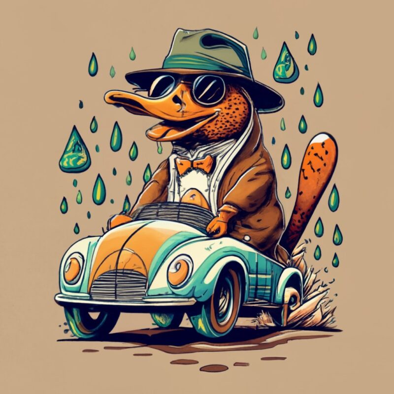 t-shirt design featuring a platypus wearing a fedora while driving a ferrari, a rainy forest, vibrant watercolor splashes and dripping effec