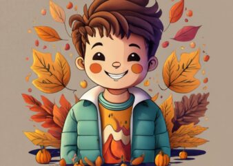 t-shirt design featuring a young, smiling, dapper latino kawaii boy child wearing Fall season colors PNG File