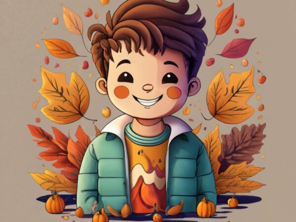 T-shirt design featuring a young, smiling, dapper latino kawaii boy child wearing fall season colors png file