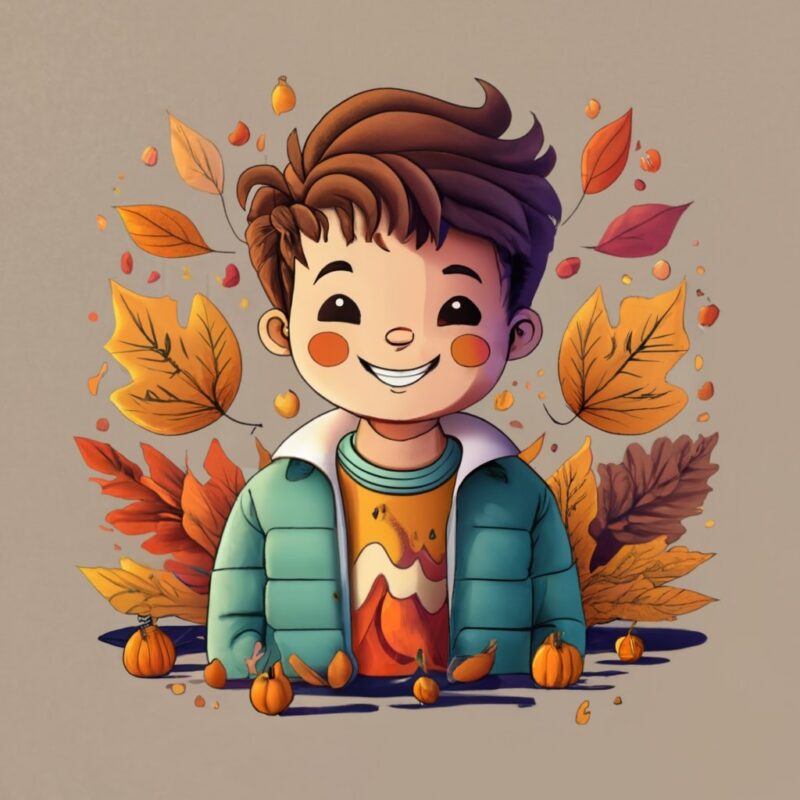 t-shirt design featuring a young, smiling, dapper latino kawaii boy child wearing Fall season colors PNG File