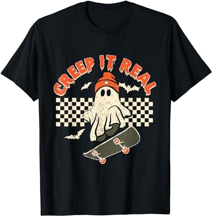 Creep It Real Skateboarding Retro Halloween Ghost Costume T-Shirt PNG ...