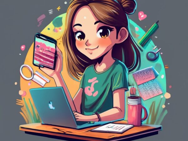 Oyee with an adult medium brown hair girl holding a pink macbook, iphone, with pens, notepads, and printing mug and pink tshirt, fashion wor