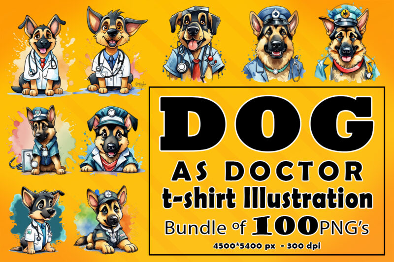 Dog as Doctor Clipart Illustration Bundle for Print on Demand