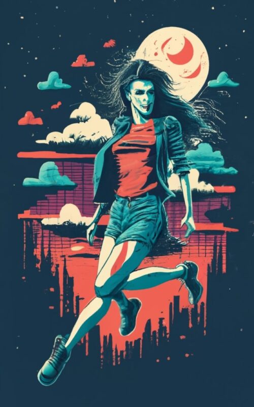 female vampire floating in the night sky, t-shirt design PNG File