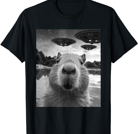 Funny graphic tee capybara selfie with ufos weird t-shirt png file