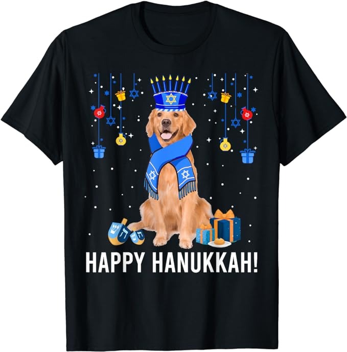 Golden Retriever Menorah Hat Christmas Happy Hanukkah Jewish T-Shirt