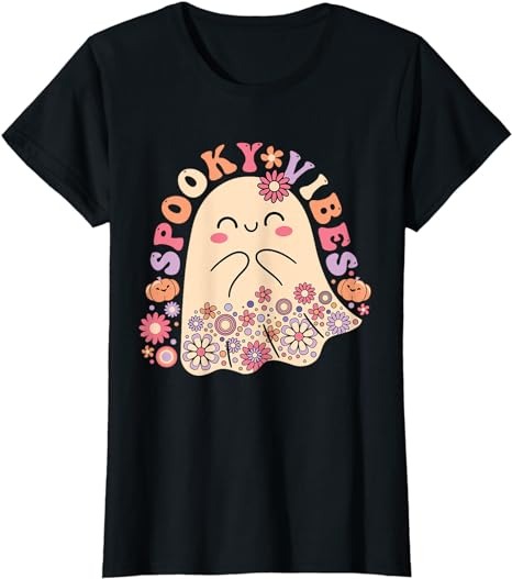 Groovy Cute Kawaii Ghost Floral Spooky Vibes Hippie Pumpkin T-Shirt PNG File