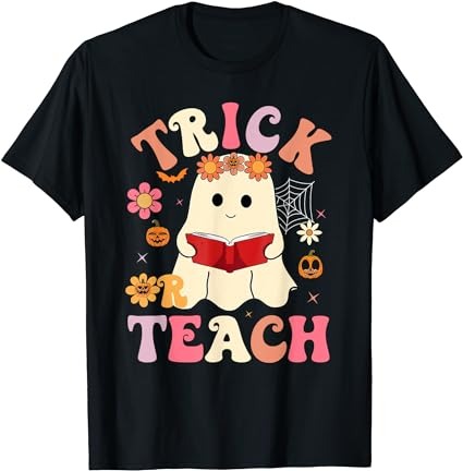 Groovy halloween trick or teach retro floral ghost teacher t-shirt png file