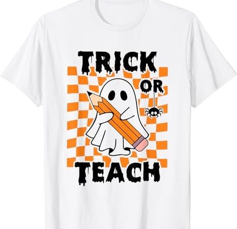 Groovy halloween trick or teach retro floral ghost teacher t-shirt png file