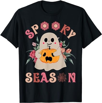 Groovy spooky season cute ghost holding pumpkin halloween t-shirt png file