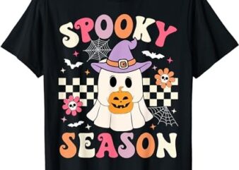 Groovy Spooky Season Retro Ghost Holding Pumpkin Halloween T-Shirt
