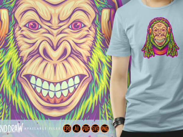 Groovy jungle harmony with gorilla dreadlock t shirt design template