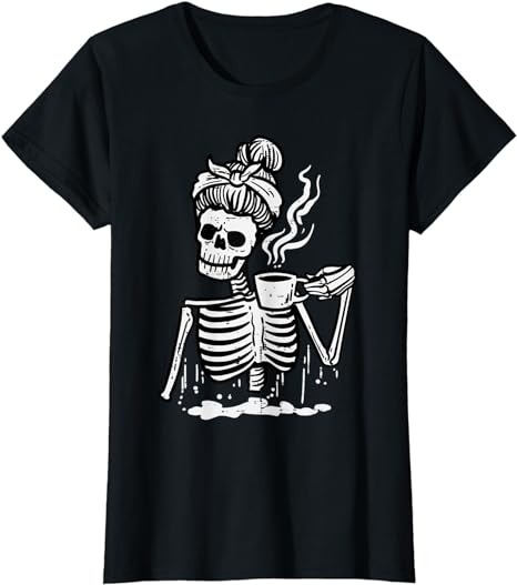 Halloween Skeleton Messy Bun Coffee Funny Costume Mom Women T-Shirt PNG File