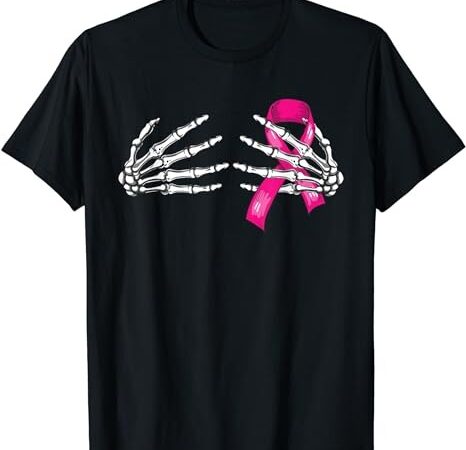 Halloween womens boob skeleton hand on breast cancer ribbon t-shirt png file