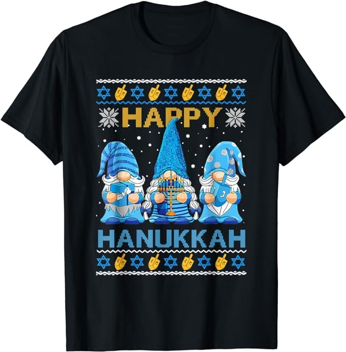 Happy Hanukkah Ugly Christmas Gnome Gnomies Menorah Dreidel T-Shirt