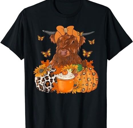 Highland cow fall and leaves pumpkins autumn thanksgiving t-shirt png file