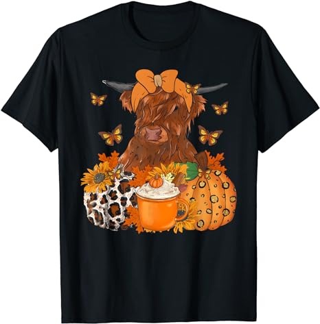 Highland Cow Fall And Leaves Pumpkins Autumn Thanksgiving T-Shirt PNG File