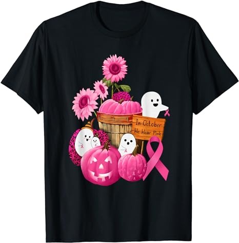 In October We Wear Pink Ghosts & Pumpkins For Breast Cancer T-Shirt PNG File