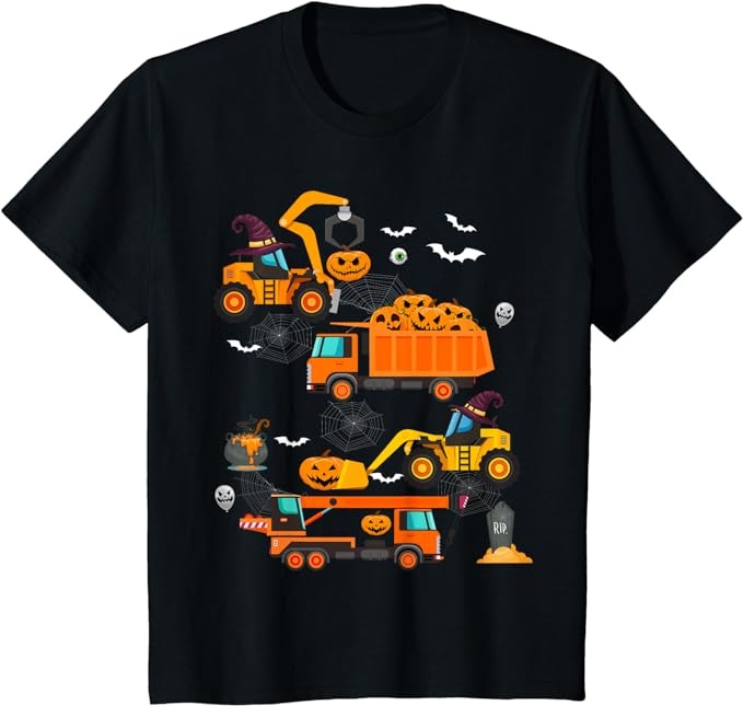 Kids Construction Vehicle Halloween Crane Truck Pumpkin Boys Kids T-Shirt PNG File