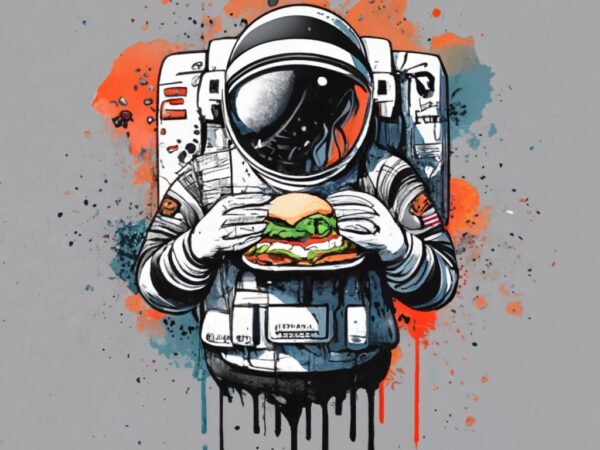 Mamza t-shirt design, street astronaut eating sandwich. watercolor splash, with the name “suburbanos” png file