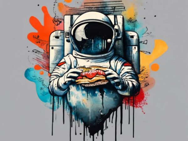 Mamza t-shirt design, street astronaut eating sandwich. watercolor splash, with the name “suburbanos” png file