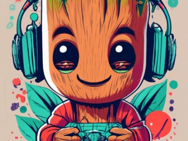 Marvel baby groot “mauricio” gamer on a t-shirt design with a white background, vibrant png file