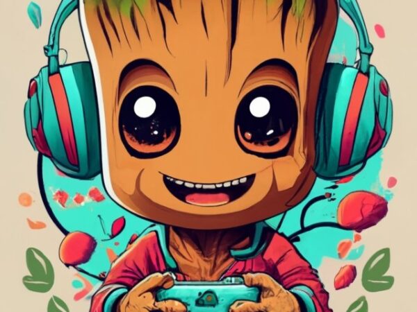 Marvel baby groot gamer on a t-shirt design with a white background, vibrant png file