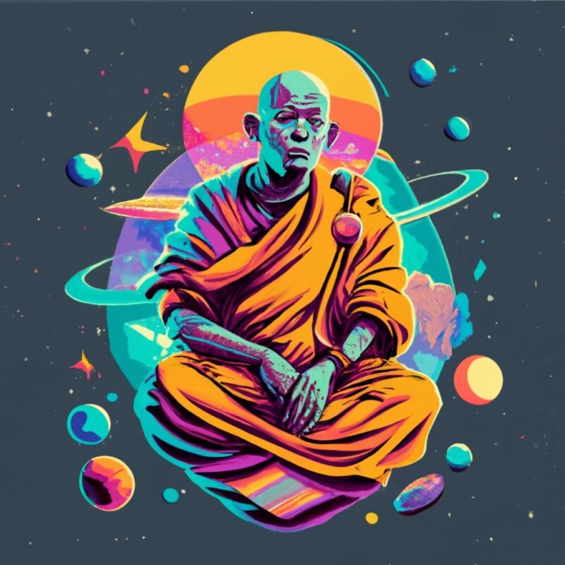 Monk floating in space, t-shirt design, PNG File