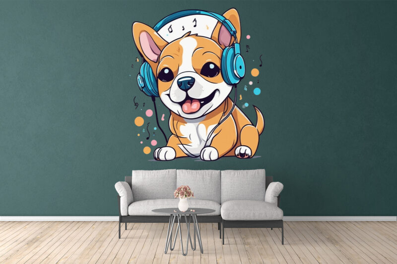 Music Fanatic Dog Wearing Headphone Clipart Illustration Bundle for Print on Demand websites