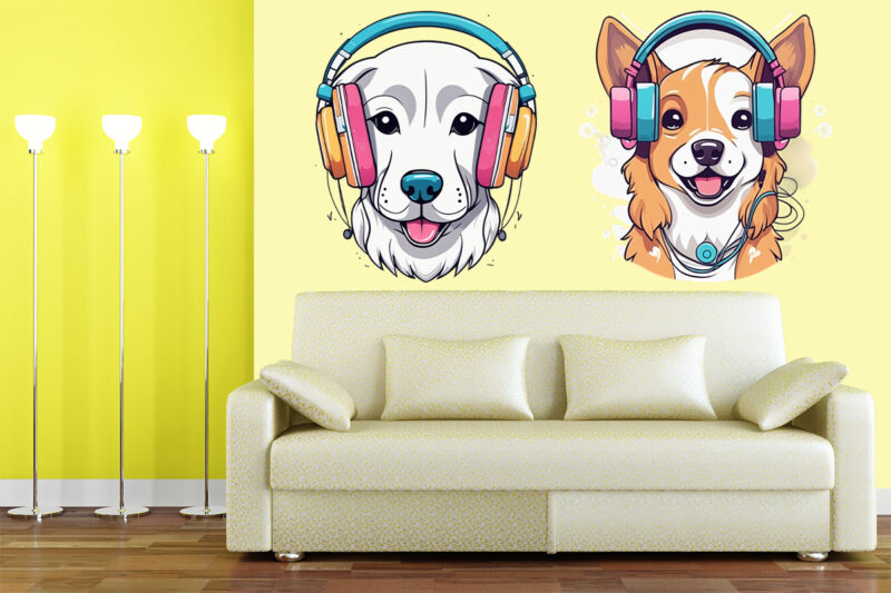 Music Fanatic Dog Wearing Headphone Clipart Illustration Bundle for Print on Demand Design