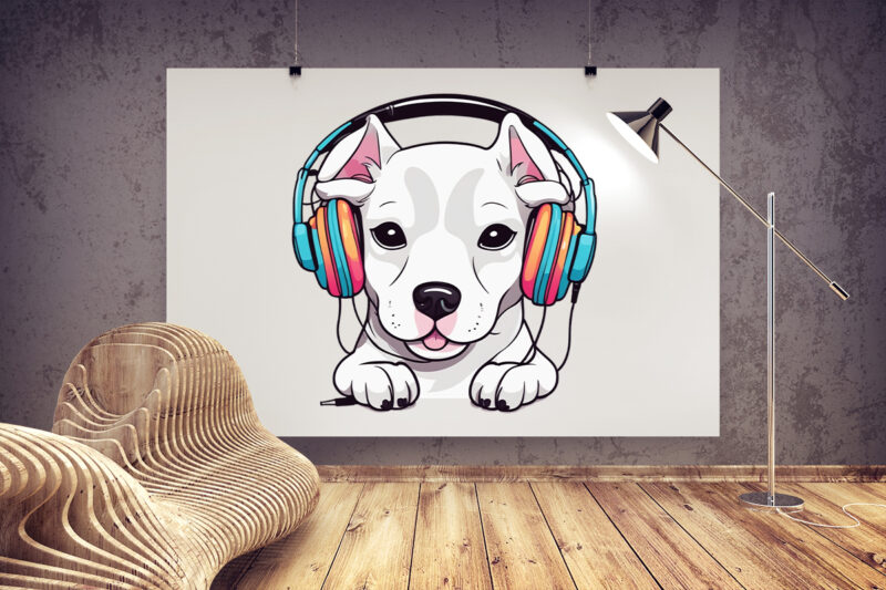 Music Fanatic Dog Wearing Headphone Clipart Illustration Bundle for Print on Demand Design