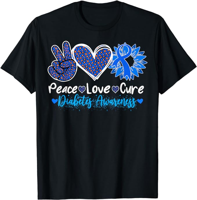 Peace Love Cure Type 1 Diabetes Awareness T1D Blue Ribbon T-Shirt