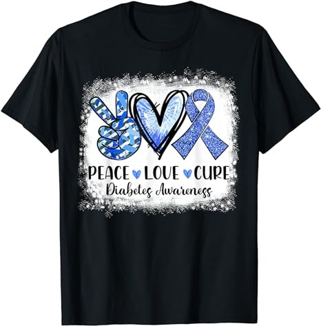 Peace Love Cure Type 1 Diabetes Awareness T1D Blue Ribbon T-Shirt PNG File