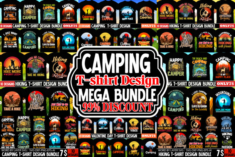 Camping T-Shirt Design Mega Bundle, Camper T-Shirt Bundle, MOuntains Explore More T-shirt Design,Camping T-shirtt Design Bundle ,Camping Crew T-Shirt Design , Camping Crew T-Shirt Design Vector , camping T-shirt Desig,Happy